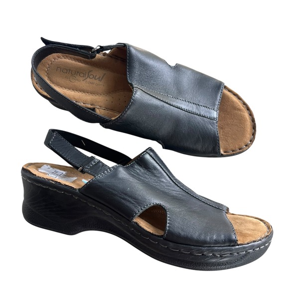 Natural Soul Women's 6 Black Leather Slingback Wedge Seleste Sandal Comfort Shoe - Picture 1 of 16